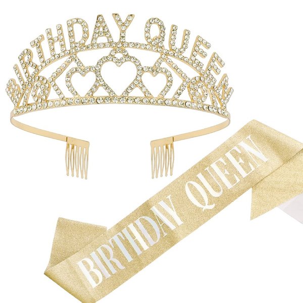AOPRIE Birthday Tiara for Women Gold Birthday Queen Sash & Headband Happy Birthday Tiara and Crown for Women Rhinestone Crystal Decor