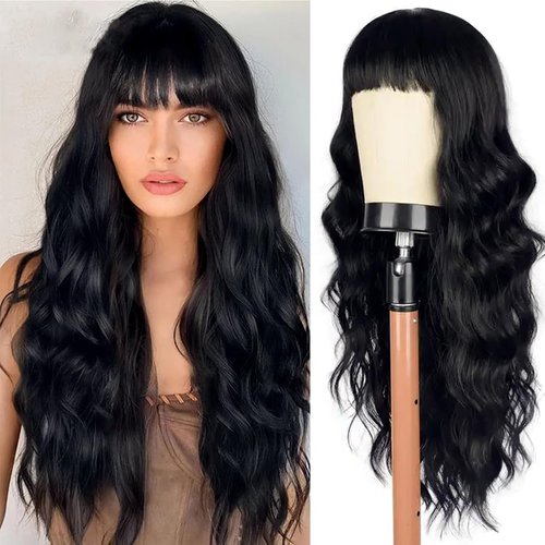 Fronweek Long Black Wigs with Bangs 26 Inches Synthetic Wigs Natural Black Curly Hair Wig Long Wavy Wigs with Bangs Synthetic Heat Resistant Wig for Daily Party Use (26inch, black-26)