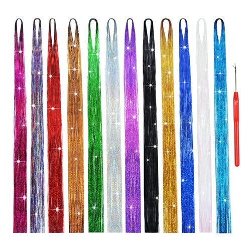 Tinsel Hair Extensions Kit with Tool 47 Inch 2400 Strands Hair Tinsel Colorful Shiny Fairy Hair Tinsel Kit (12 Colors)