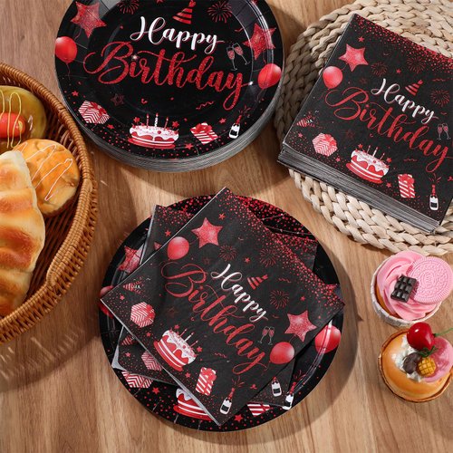 SiliFine 120 Pcs Happy Birthday Party Supplies Tableware Set Disposable Happy Birthday Plates and Napkins for Guests Man Woman 50th 70th 80th Birthday Party Decorations (Black Red)