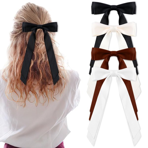 DECYOOL 4 Pack Silky Satin Ribbon Ponytail Clips, Metal Hair Clips for Women, Girls, Toddlers, Teenagers (Black, Beige, White, Brown)