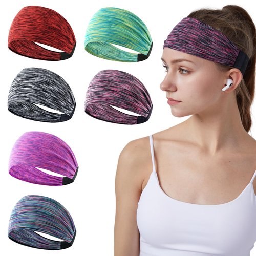 Workout Headbands for Women Girls Yoga Sweat Bands Wide Elastic Hairbands Gym Sports Non Slip Sweatband Moisture Wicking for Exercise Fitness Running Tennis Cycling Travel 6 PCS