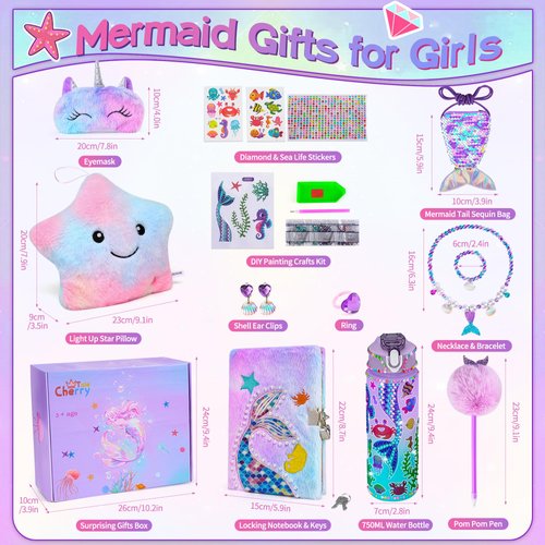Cherry Tale Mermaid Gifts for Girls Age 4 5 6 7 8 9 10, Girls Mermaid Birthday Gifts Set with Light Up Star Pillow Diary Plush DIY Water Bottle Kits Christmas Presents Toys