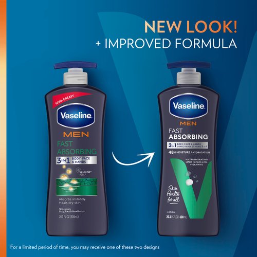 Vaseline Men Fast Absorbing 3-in-1 Face, Hands & Body Lotion for Men, For Dry Skin, Absorbs in Just 15 Seconds for Moisturized Skin 20.3 oz