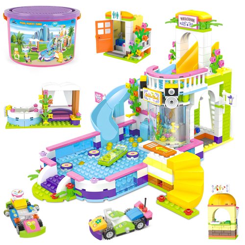 Friends Summer Pool Party Toy Pool Building Set for Girls 6-12, 727 PCS Swimming Pool Creative Building Bricks Blocks Kit with Toy Juice Bar and Hot Tub, Roleplay Gift Party Toy for Boys Girls Kid Toy