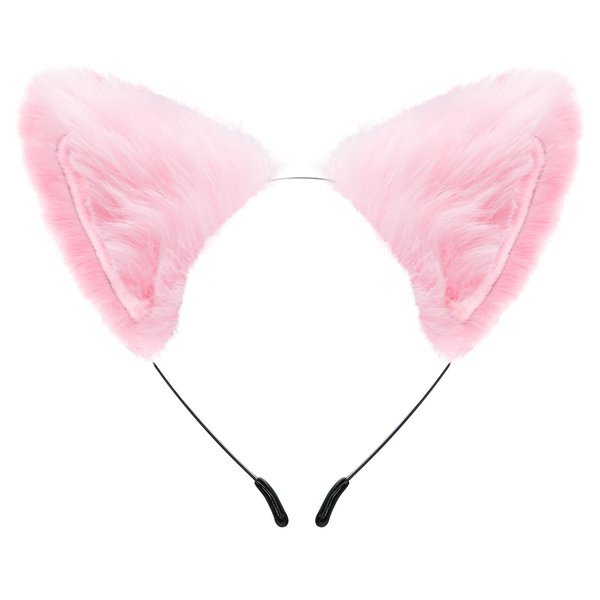 Cat Fox Ears Headband for Women Girls Halloween Cosplay Cat Costume Faux Fur Hair Accessories for Adult Kids (Pink)