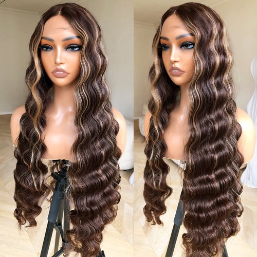 BlackSwern 30inch Honey Blonde Highlight Lace Front Wigs, Deep Wave Lace Front Wigs Crimps Hair Glueless Wigs Pre Plucked, Melted Hairline HD Lace Wig for Black Women