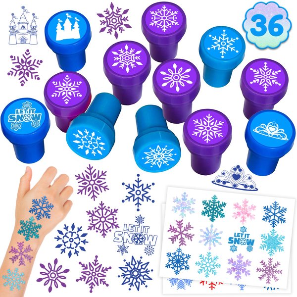 36PCS Snowflake Party Favors 24 Tattoos Sticker 12 Stamp Set - Ideal Winter Themed Birthday Card Decorations Supplies Goodie Bag Cute Rewards for Girls Classroom Gifts Baby Shower Prizes