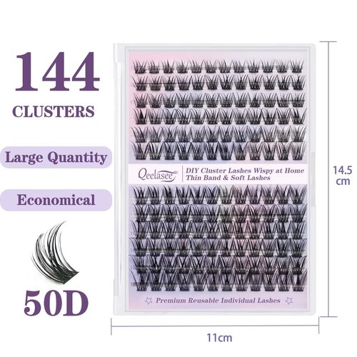 Eyelashes Clusters Qeelasee DIY d Curl 144pcs Lash Culsters Natural 0.07 50D 8-18mm Wispy Volume Lashes (50D-0.07D,8-18MIX)