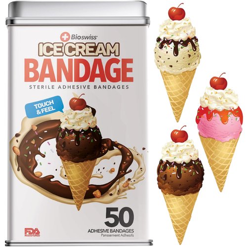 BioSwiss Bandages, Ice Cream Shaped Self Adhesive Bandages, Latex Free Sterile Wound Care, Fun First Aid Kit Supplies for Kids, 50 Count