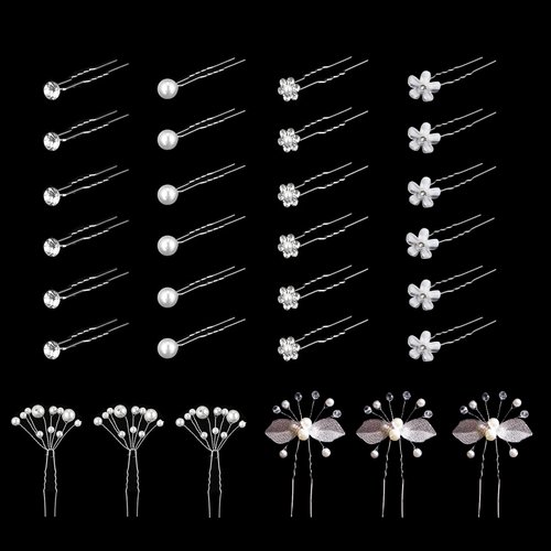 Rtinle 30 Pieces Bride Wedding Hair Pins, Rhinestone Pearl U Shape Flower Hair Accessories for Women/Girls/Wedding Evening