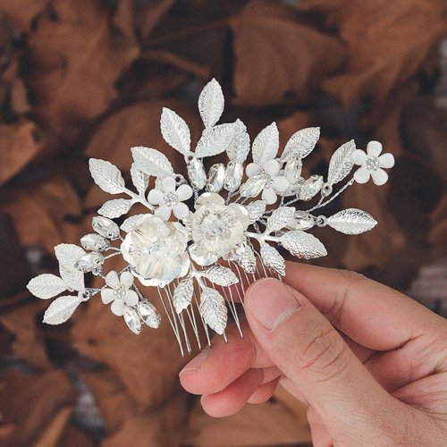Asooll Flower Bride Wedding Hair Comb Silver Leaf Bridal Hair Piece Rhinestones Hair Clip Hair Accessories for Women and Girls
