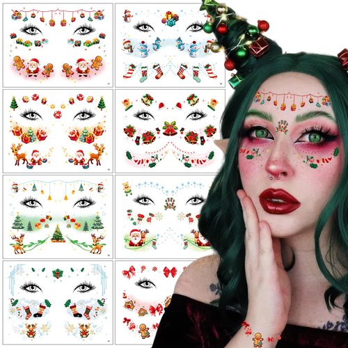 Christmas Face Temporary Tattoos Sticker Santa Claus Snowflake Snowman Elk Bows Xmas Tree Face Freckle Tattoo Stickers Makeup Decals for Women Girls Masquerade New Year Xmas Party Supplies 8 Sheets