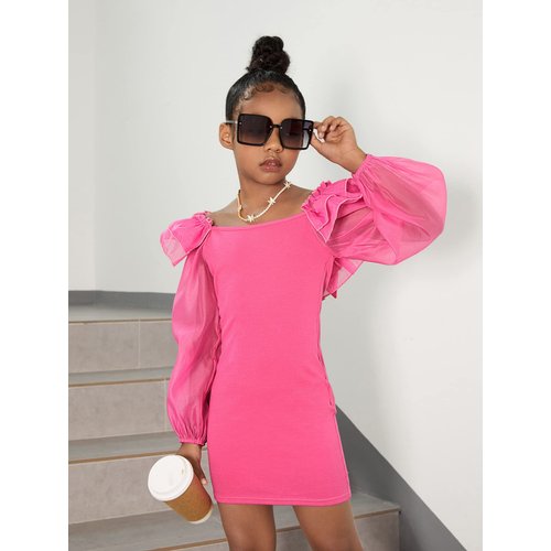 WDIRARA Girl's Mesh Ruffle Trim Layered Tie Back Lantern Sleeve Pencil Mini Dress Hot Pink 11-12Y