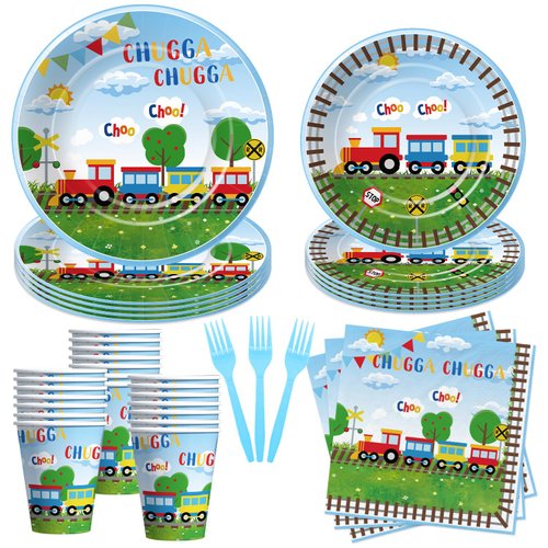 APOWBLS Train Birthday Plates And Napkins Party Supplies Dinnerware, Train Birthday Decorations, Plate, Cup, Napkin, Fork, Train Theme Chugga Choo Party Supplies For 1st 2nd 3rd Birthday | 24 Guests