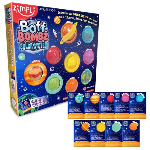 Zimpli 9 x Solar System Bath Bombs Gift Set, 9 x Planetary Fact Cards, Educational Planet Bath Bombs for Children, Science Kits for Boys & Girls, Bath Toy Birthday Presents