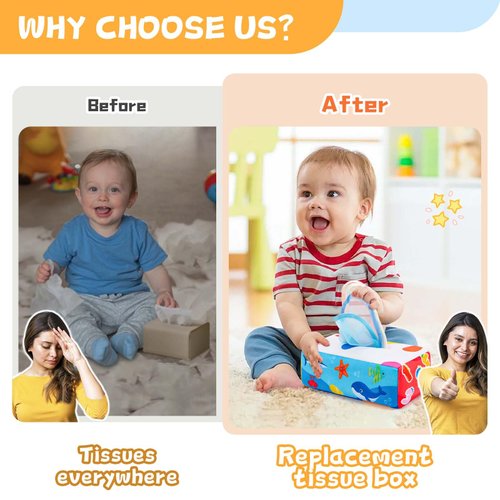 Yeeeasy Baby Tissue Box Toy Montessori Baby Toys for Infant 6,9,12 Months Sensory and Crinkle Tissue Box Toy for Boys&Girls Toddler Early Learning Gifts