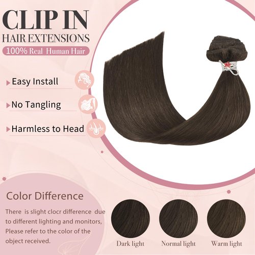 HUAYI Dark Brown Clip in Hair Extensions Real Human Hair 70g Remy Human Hair Clip in Hair Extensions 15 Inches Soft Silky Straight for Fashion Women 7pcs 16clips Brown Hair Extensions