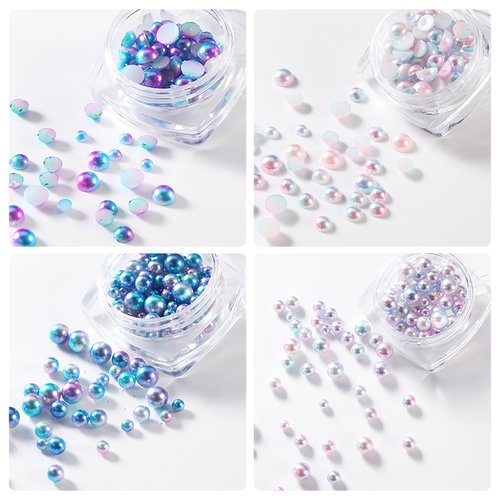 SILPECWEE 8 Boxes Mermaid Nail Pearls Iridescent Circular&Semi Circular Nail Art Pearl 3D Flat Back Pearl Nail Charms Pearls Beads Acrylic Nail Decorations for DIY Nails Accessories