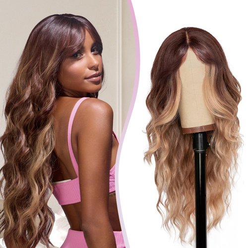 L'veetie 26 Inch Ombre Brown Wigs with Bangs, Long Wavy Glueless Wig, Highlight Brown Mixed Blonde Wigs for Women, Natural Curly Synthetic Wig for Grils Daily Party Use