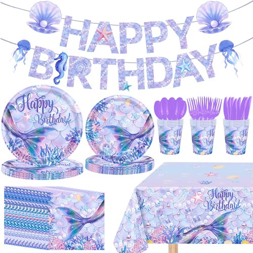 170pcs Mermaid Birthday Party Decorations, Mermaid Party Supplies with Banner, 24 Serves Mermaid Tableware Set with Plates, Cups, Napkins for Kids