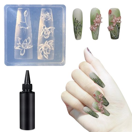 AYDZWJM 3D Lotus Flower Nail Design Nail Art Silicone Molds,Silicone Nail Molds with 10ml Crystal Drops,Nail Decor Nail Stencils Silicone Mold Nail Supplies Nail Accessories