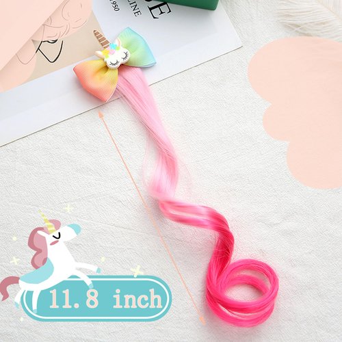 VCEOW 6 Pcs Colored Unicorn Hair Clips for Little Girls Cute Rainbow Hair Bows Ombre Color Curly Hair Extensions Princess Dress Up Hair Accessories Birthday Gifts for Kids Toddler