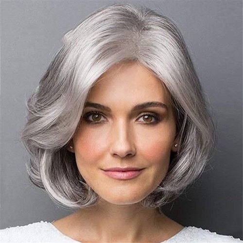 MIUXIU Short Bob Hair Fluffy Curly Synthetic Wigs Side Parting Silver Gray Short Wavy Wig for Women Hair Heat Resistant Full Wigs (Silver Gray)