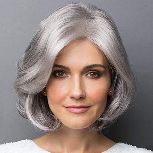 MIUXIU Short Bob Hair Fluffy Curly Synthetic Wigs Side Parting Silver Gray Short Wavy Wig for Women Hair Heat Resistant Full Wigs (Silver Gray)