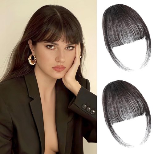 Gx Beauty Clip in Bangs 100% Human Hair Bangs Women Air Thinning Curtain Flat Fake Bangs Hair Clip Wispy Bangs Fringe with Temples Hairpieces for Daily Wear(Brown Black)