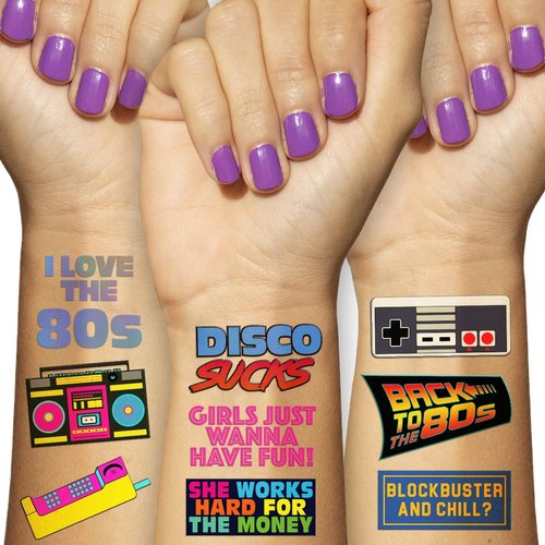 Retro 80s Theme Temporary Tattoos (5 Pages) - Funny 1980's Theme Party Decoration, Favors & Supplies multicolor