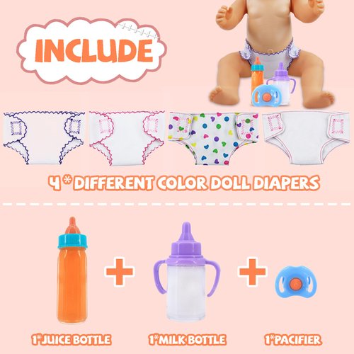 4Pcs Doll Diapers Doll Underwear for 14-18 Inch Baby Dolls Reusable Diapers Set with 3 Pcs Doll Feeding (Milk & Juice Bottles Toy Pacifier) （NO Doll）
