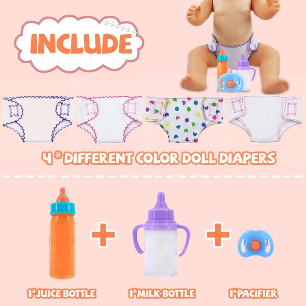 4Pcs Doll Diapers Doll Underwear for 14-18 Inch Baby Dolls Reusable Diapers Set with 3 Pcs Doll Feeding (Milk & Juice Bottles Toy Pacifier) （NO Doll）