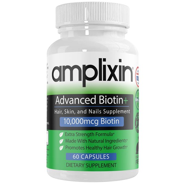 Amplixin Advanced Biotin Supplement 10000 mcg - Hair Vitamins for Faster Hair Growth, Stronger Nails & Clearer Skin - Hair Loss Prevention & Nail Strengthener Vitamin for Women & Men - 60 Capsules