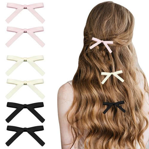 6Pcs Satin Hair Accessories for Women and Girls: Solid Color Hair Ribbons, Bow Clips, Alligator Clips for Long Curly Ponytails
