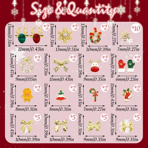 BELICEY 52Pcs Christmas Nail Charms Gold 3D Bow Snowflake Elk Charms for Nails Design with Gems Rhinestones Accessories Metal Nail Art Supplies Winter Holiday Nail Decorations