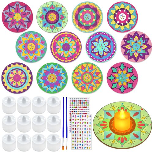 12 Pack Diwali Party Favors DIY Craft Set Diwali LED Candle Light Mandalas Unfinished Wood Cutouts Paint Art Festival of Lights Deepavali Coloring Craft for Indian New Year Decor Activity Supplies