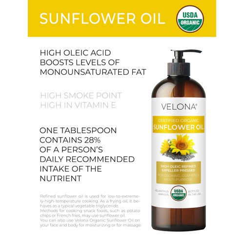velona USDA Certified Organic Sunflower Oil - 32 fl oz | 100% Pure and Natural Carrier Oil | High Oleic, Refined, Expeller Pressed | Cooking, Skin, Hair, Body & Face Moisturizing