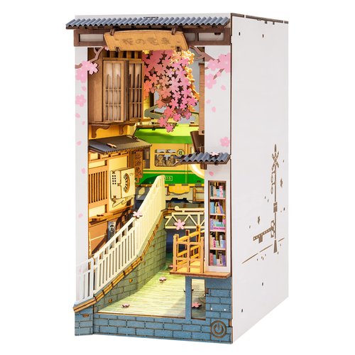 Rolife DIY Book Nook Kit 3D Wooden Puzzle for Adults 8.7" Bookshelf Indert Decor with LED Miniature Dollhouse Kit Bookend Crafts Diorama Hobbies Gifts for Boys Girls (Sakura Densya)