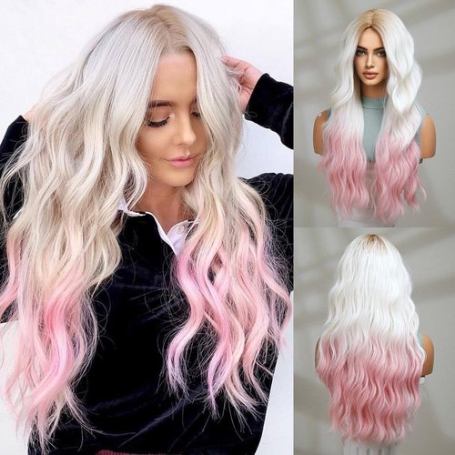 VKheroKV WL-07 Long Wavy Wig for Women 26 Inch Middle Part Curly Wavy Wig Natural Looking Synthetic Heat Resistant Fiber Wig for Daily Party Cosplay Halloween Use (Ombre Blonde to Pink)