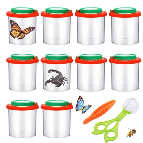 Bygytyo Insect Bug Viewer Kit, Set of 12 Magnifying Insect Box Bug Catcher Kit with Tweezers for Science Nature Exploration Educational Tool Collecting Kit Bug Magnifier Container, Red Green