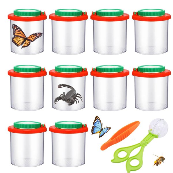 Bygytyo Insect Bug Viewer Kit, Set of 12 Magnifying Insect Box Bug Catcher Kit with Tweezers for Science Nature Exploration Educational Tool Collecting Kit Bug Magnifier Container, Red Green