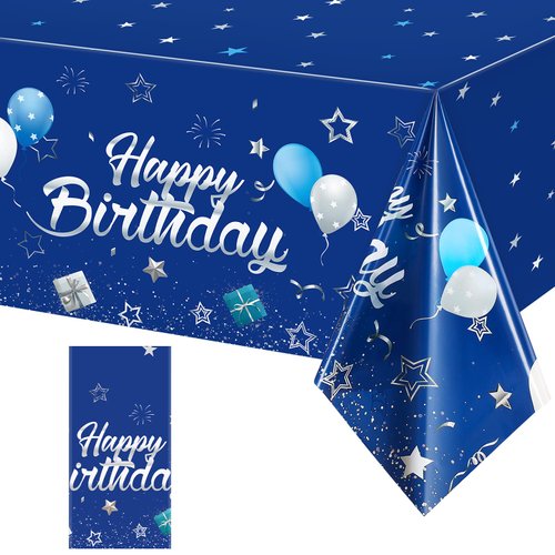 Tegeme Navy Blue Party Supplies Blue Stars Happy Birthday Tablecloths Blue Starry Confetti Table Covers for Kids Boys Girls Baby Shower Birthday Party Decorations (Navy Blue and Silver, 1 Pack)