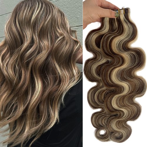 20" Long Tape in Hair Extensions Medium Brown to Bleach Blonde Lowlights 50grams 20pcs Skin Weft Heat Resistant Straight Real Human Hair Tape Balayage Extensions