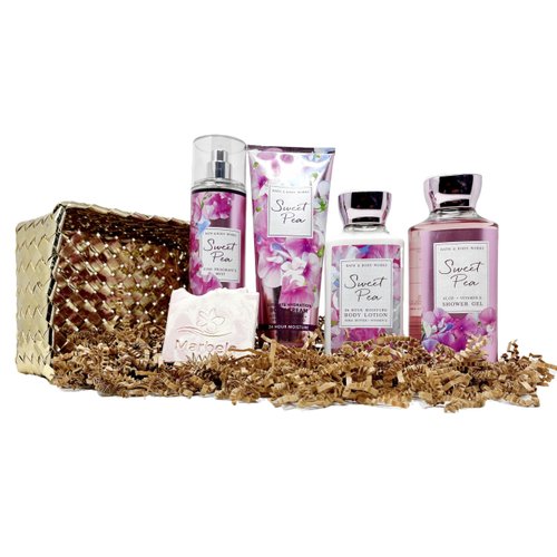 Bath & Body Works Sweet Pea Gold Woven Basket 4 Piece Gift Set - Fine Fragrance Mist, Shower Gel, Body Lotion and Body Cream with a Himalayan Salts Springs Sample Soap.