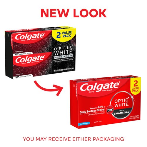 Colgate Optic White Charcoal Whitening Toothpaste, Cool Mint, Enamel-Safe with Fluoride, 2 Pack 4.2oz Tubes