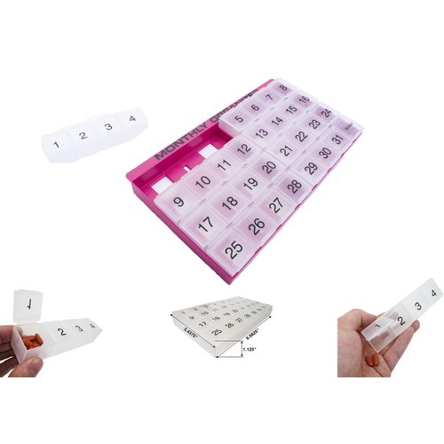 31 Day Pill Organizer | 1 per Day, 4 Week, 31 Compartments + Storage Monthly Pill Organizer | Includes Tray and 8 Removable compartments
