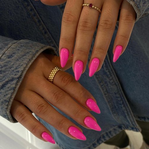 KXAMELIE Hot Pink Press on Nails Medium Length,Gel Glue on Nails Almond Nails Press on,Natural Vibrant Stick on Nails for Women,Reusable Stiletto Nails Acrylic,Short Almond Nails Set in 12 Sizes