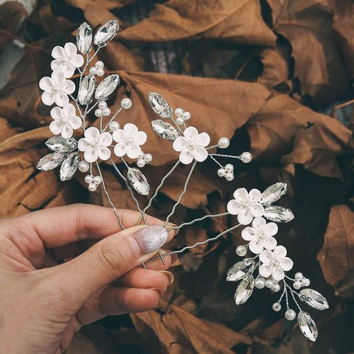 Easedaily Flower Bride Wedding Hair Pins Silver Crystal Bridal Hair Pieces Pearl Hair Accessories for Women and Girl (Pack of 3)