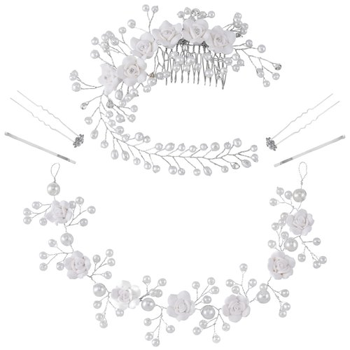 PAGOW 4pcs Pearl Hair Comb, Classic Wedding Hair Comb Headband, Bridal Faux Pearl Branch and White Rose Flower Hair Vine, U-shaped Hair Clip Hair Accessories (Silver)